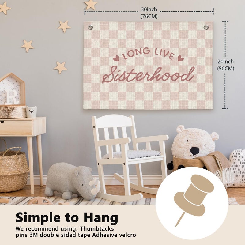 ETVISO Long Live Sisterhood Preppy Pink Checkered Girls Room Decor - Linen Banner Wall Hanging Canvas Banner Flag Decor for Toddler Girly Bedroom Playroom Nursery Dorm Apartment - Image 2